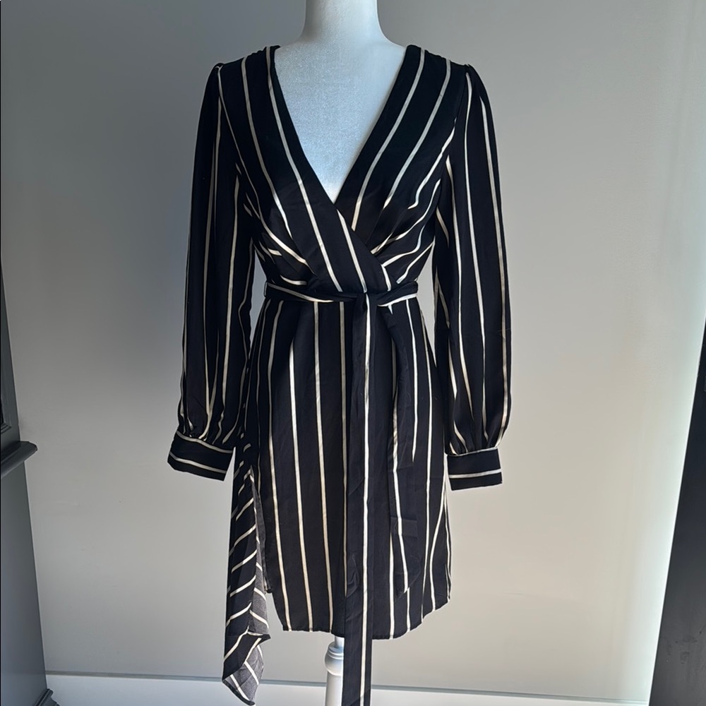 Elegant Black and White Striped Wrap Dress
